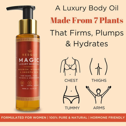 Besque Original Magic Body Oil - Hydrating Body Oils for Women - 3.4 FL OZ Skin Care Body Oils for Women That Plump, Tighten & Firm Skin With Natural Ingredients, Made in UK